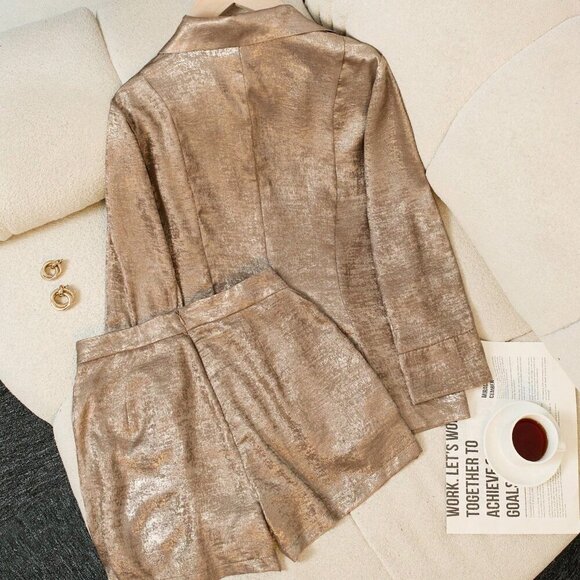 Gold Casual Women's Plain Color Blazer Jacket And Shorts Suit Set - Picture 2 of 5